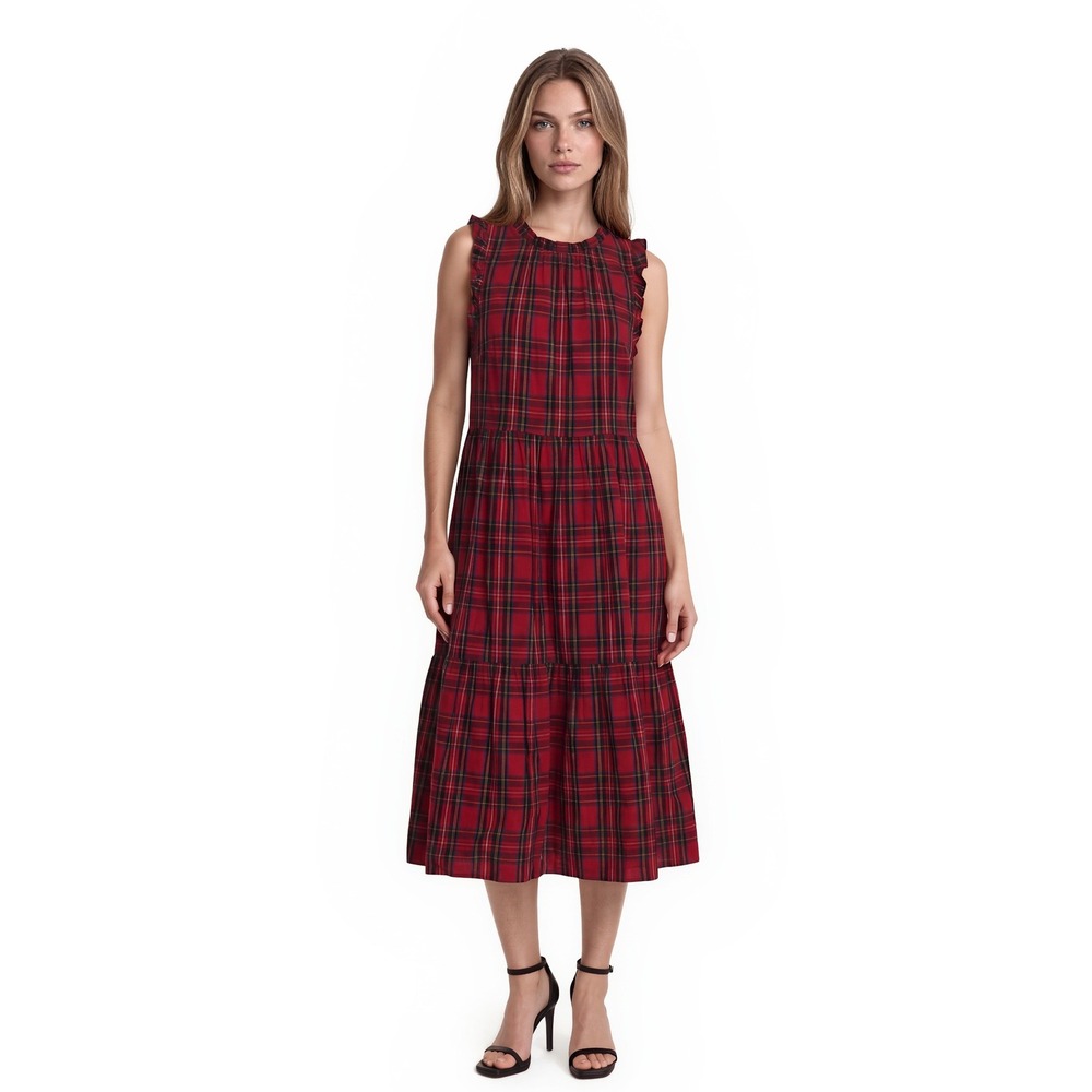 J.Crew Red Plaid Midi Dress Womens Size 6 Tartan Ruffle Tiered Sleeveless Preppy